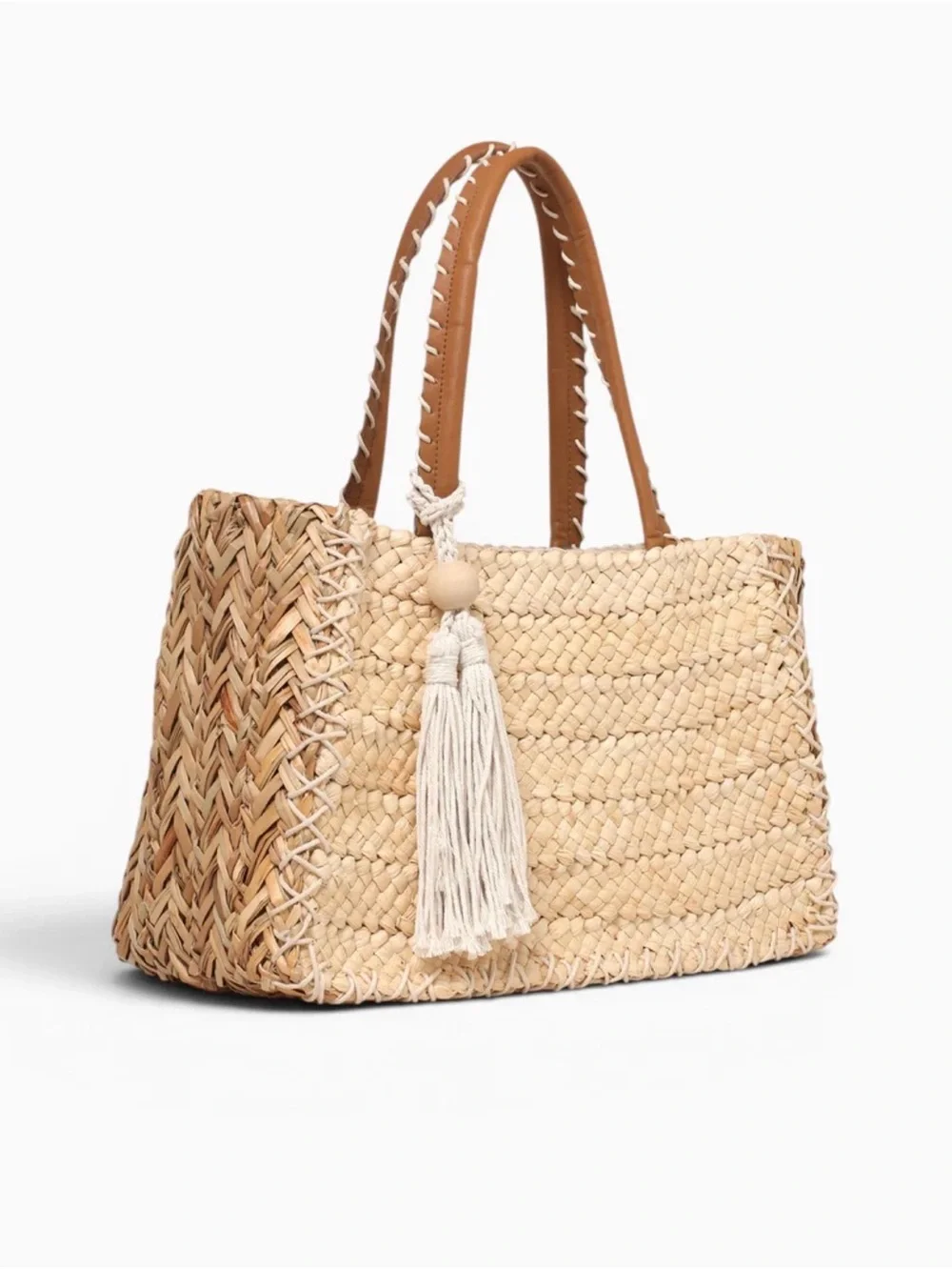 Natural Woven Straw Tote with Tassel and Tan Handles
